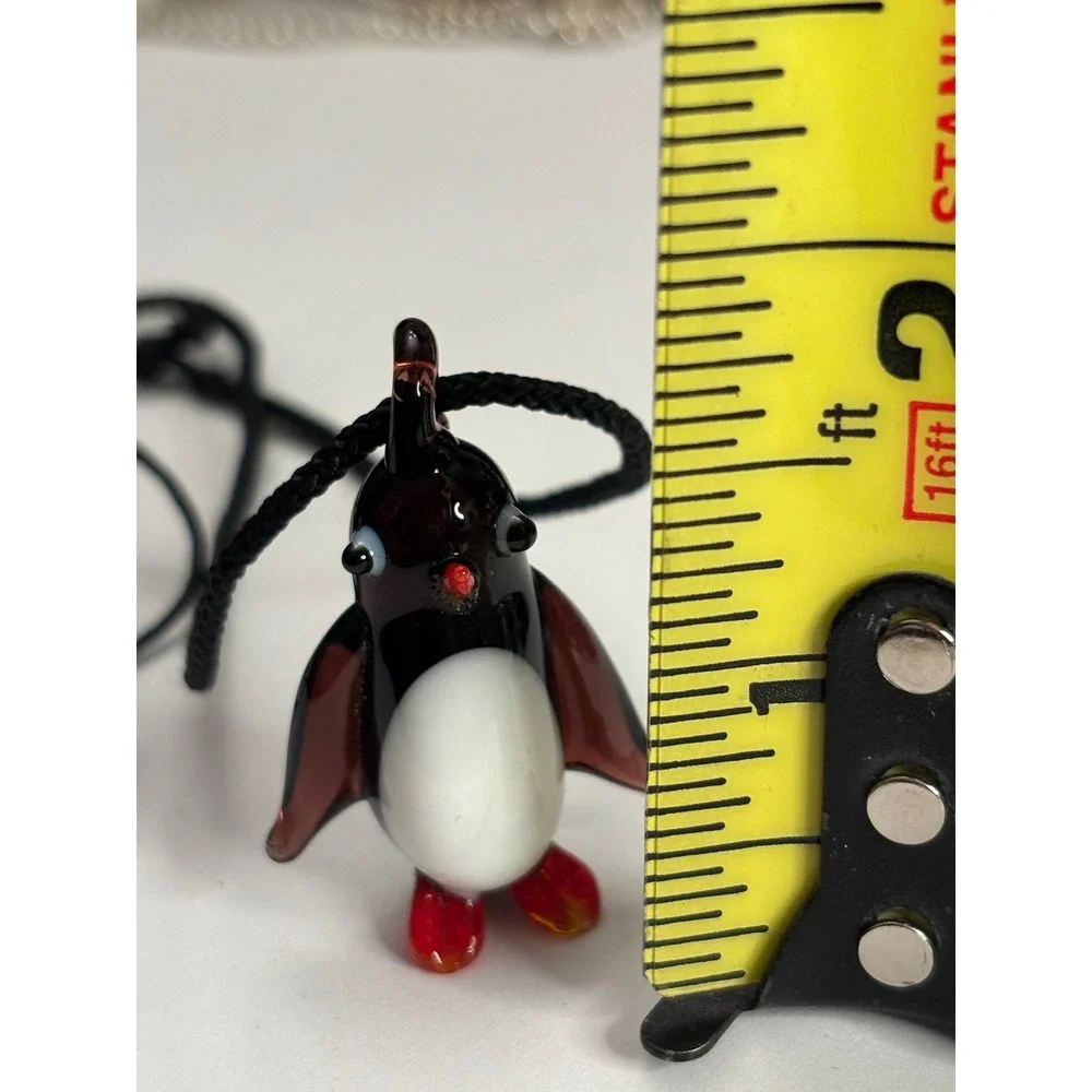 Handmade Lampwork Glass Penguin Pendant Necklace Black Cord Whimsical Jewelry